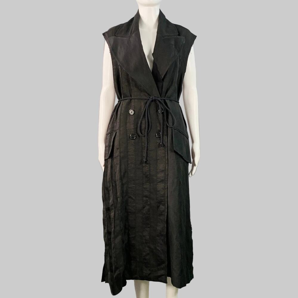 ANN DEMEULEMEESTER S Black Linen Blend Striped Layered Double Breasted Trench - Picture 4 of 10